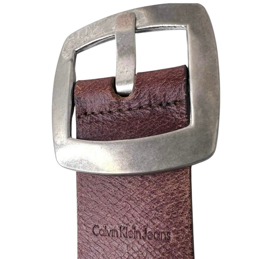 CK Y2K Brown Leather Belt Silver-Tone Wide Buckle Distressed Casual Women's XL - Picture 5 of 7